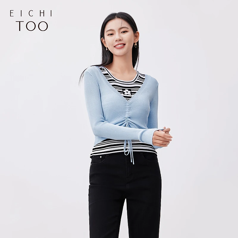 爱居兔黑白条纹背心内搭长袖针织衫套装ENZAJ1N015A