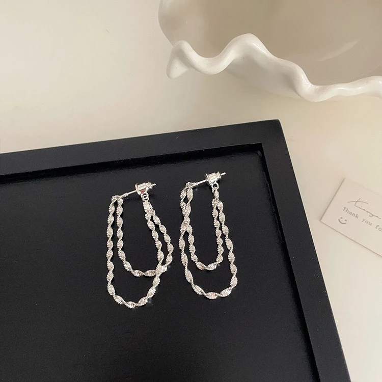 铜合金耳饰 【8413】波光粼粼双层链条流苏耳环女轻奢小众高级感