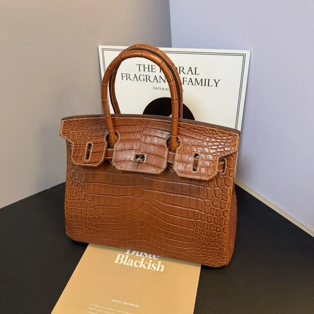 蛇年礼盒高定轻奢BK30CM马鞍色水染雾面湾鳄鱼皮单肩手提包