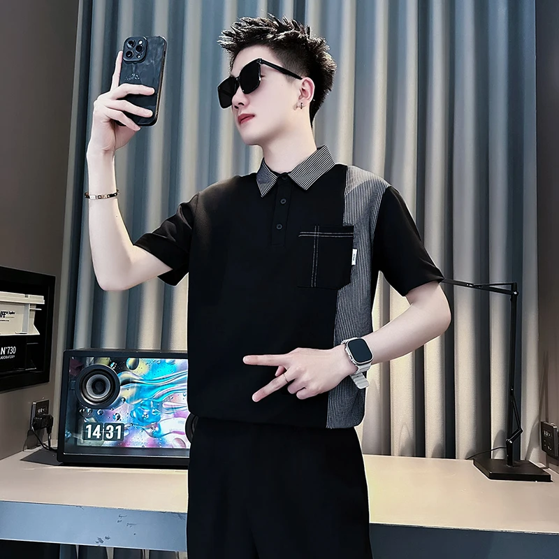 男士拼接短袖Polo衫夏季2025新款爆款男装休闲半袖潮牌条纹T恤衫