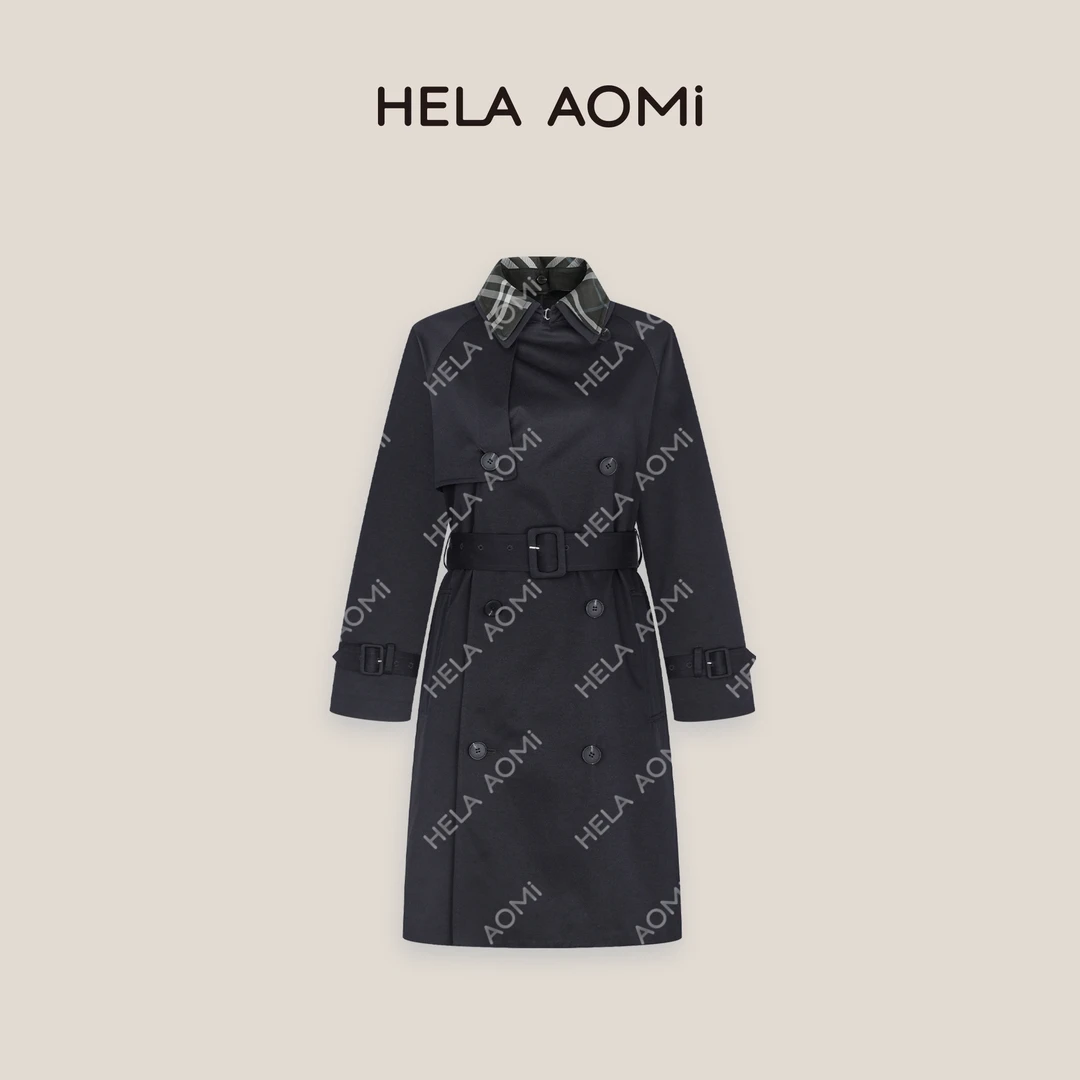 HELA AOMI“藏蓝格纹”设计感撞色翻领斜纹垂坠感时髦爆款风衣