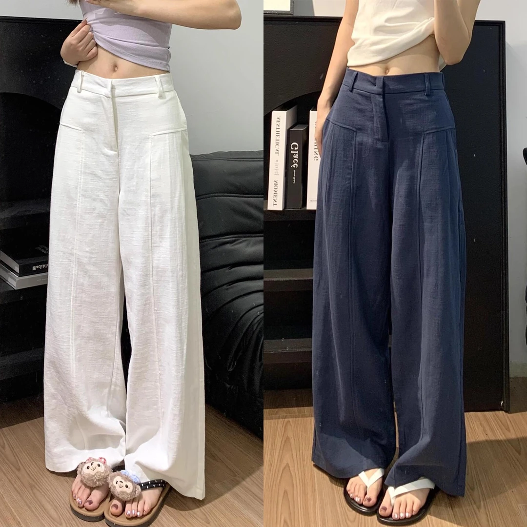 白色棉麻西装裤女夏季2025新款高腰垂感老钱风直筒亚麻休闲阔腿裤