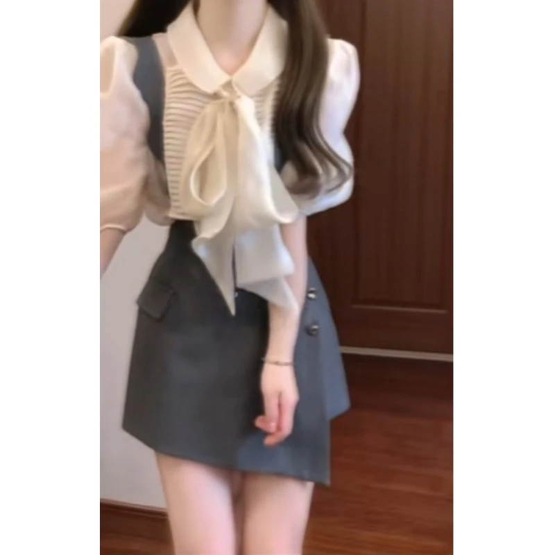 通勤穿搭女夏季一整套2025新款时尚领结上衣职业收腰背带裙两件套