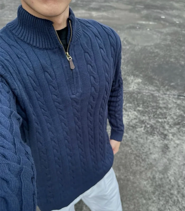 千里马金镐把秋冬老钱风休闲男女情侣翻领长袖半拉链毛衣针织衫