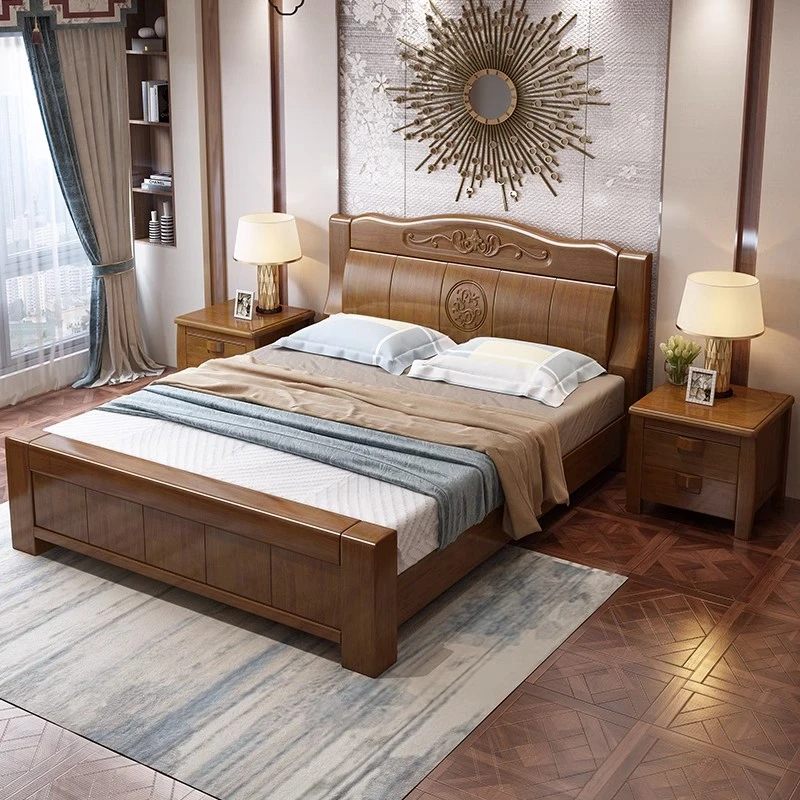 中式实木床双人主卧大床双人床简约古典婚房雕花家用气压储物雕刻