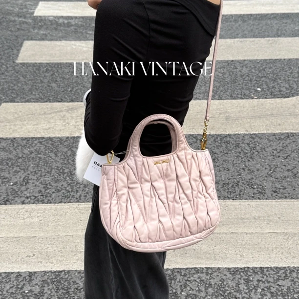 95新 MIU MIU/缪缪 花绮中古/缪缪粉色褶皱hobo菜篮子/95新