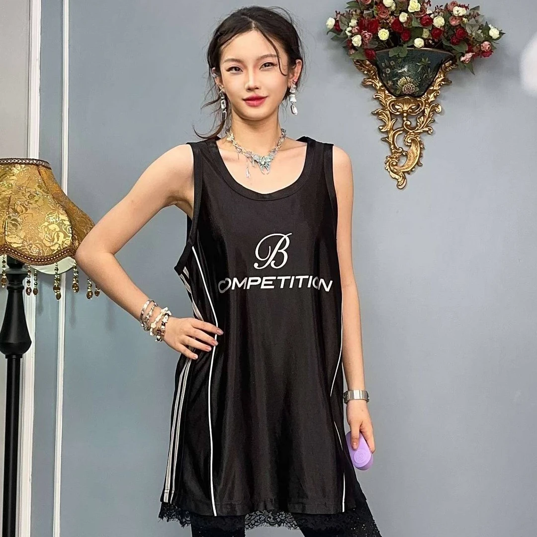 F00101香港潮牌设计师女士夏季黑色内衬百搭吊带背心中长款宽松