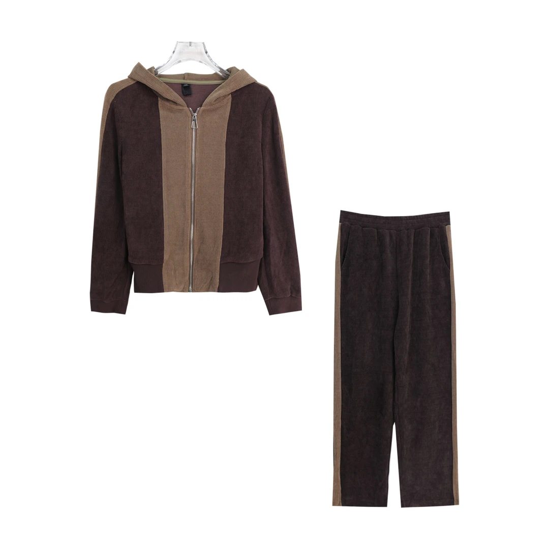 撞色条纹宽松洋气上衣高腰休闲裤套装S3283