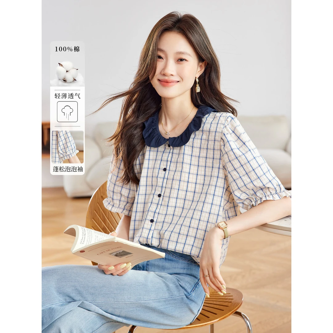 法式格子纯棉短袖衬衫女夏装新款通勤韩版减龄显瘦温柔别致衬衣潮