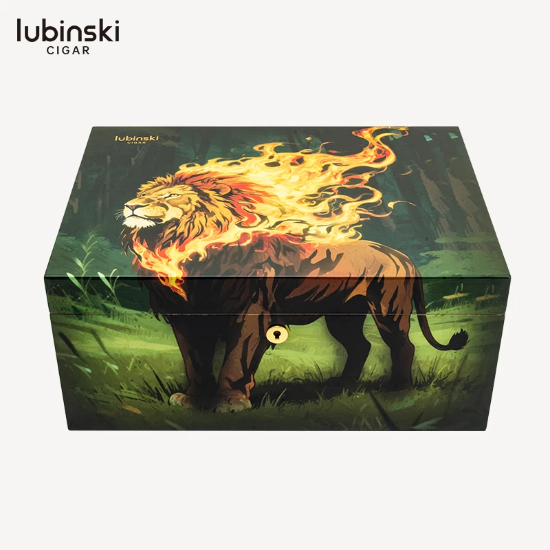 LUBINSKI 火焰雄狮图案雪松木雪茄保湿盒 YJA-60057