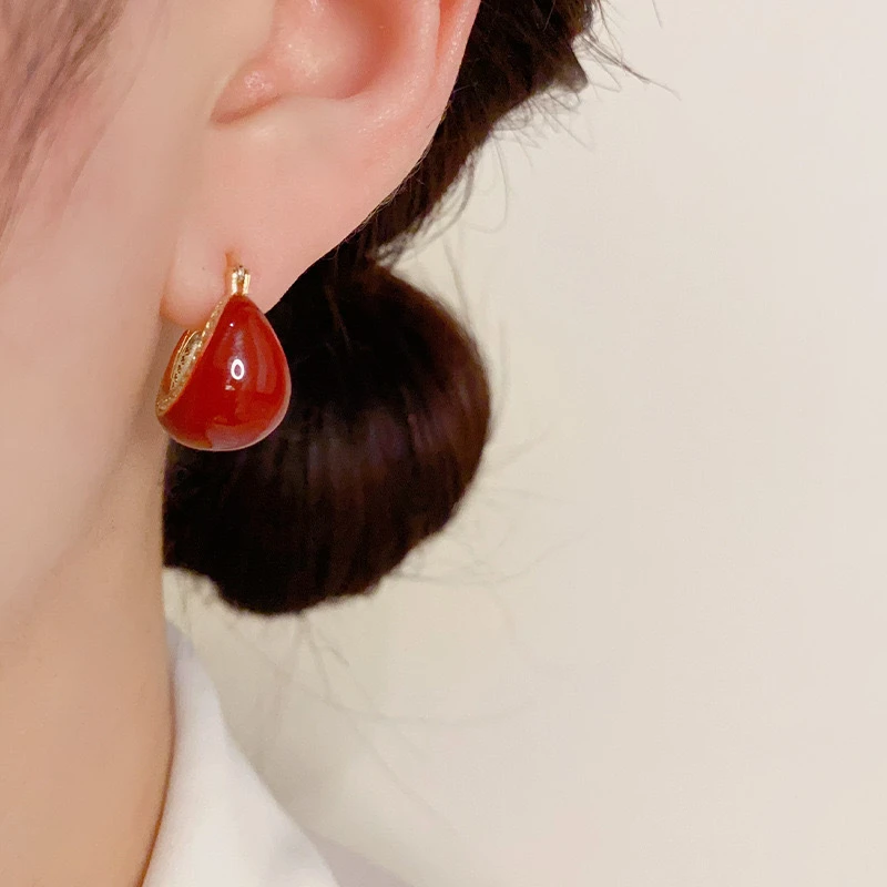铜合金法式复古酒红色半圆耳环A078