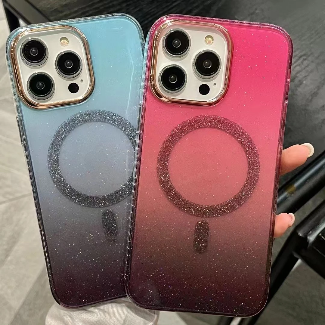闪粉磁吸适用iphone15渐变手机壳创意苹果14promax防摔保护硬壳13