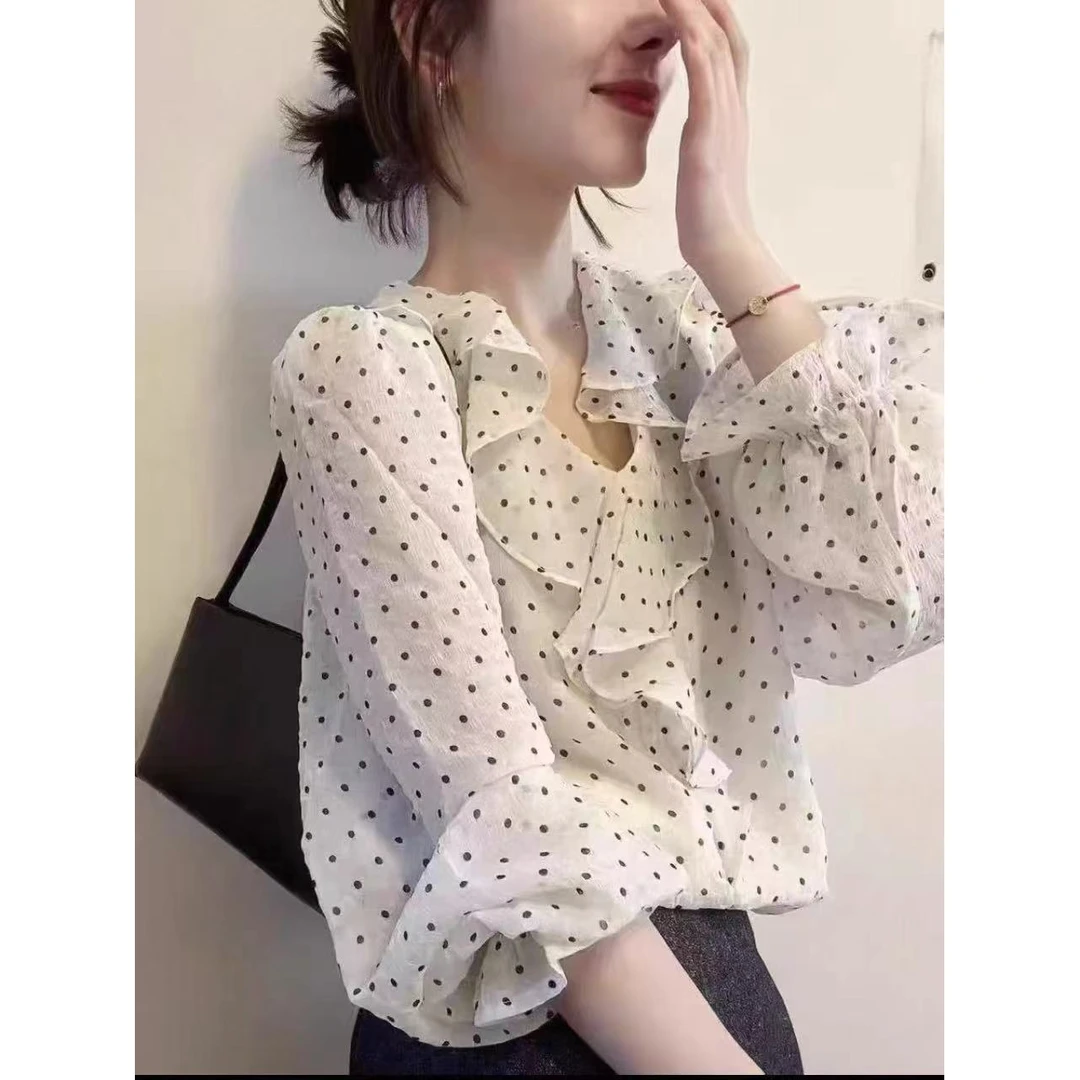 HMY5080801 2025新款减龄显瘦法式优雅荷叶边波点喇叭袖衬衫