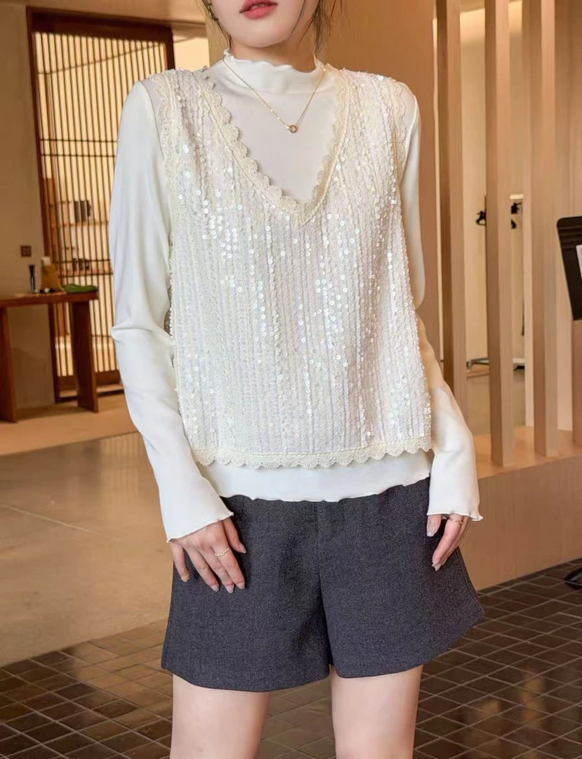 【晨浠定制】新款亮片背心拼蕾丝边加长袖打底上衣两件套5008