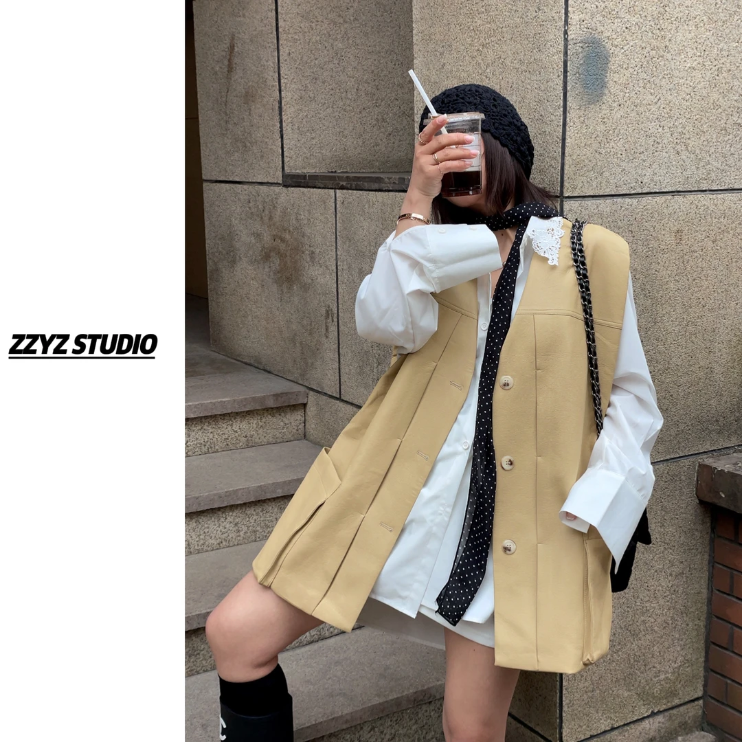 【ZZYZ】“洋气质感”复古重工设计感V领无袖背心马夹休闲外套 33060