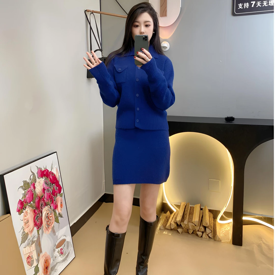 【M1 CHEN】韩系克莱因蓝气质毛衣套装裙长袖显瘦针织名媛秋冬韩版