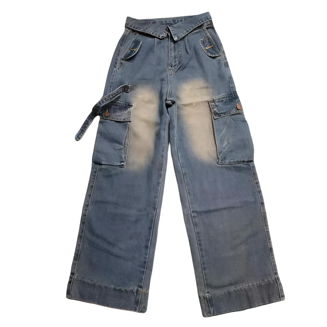 水泥灰翻边工装阔腿牛仔裤女春秋新款中腰宽松设计感窄版直筒裤子