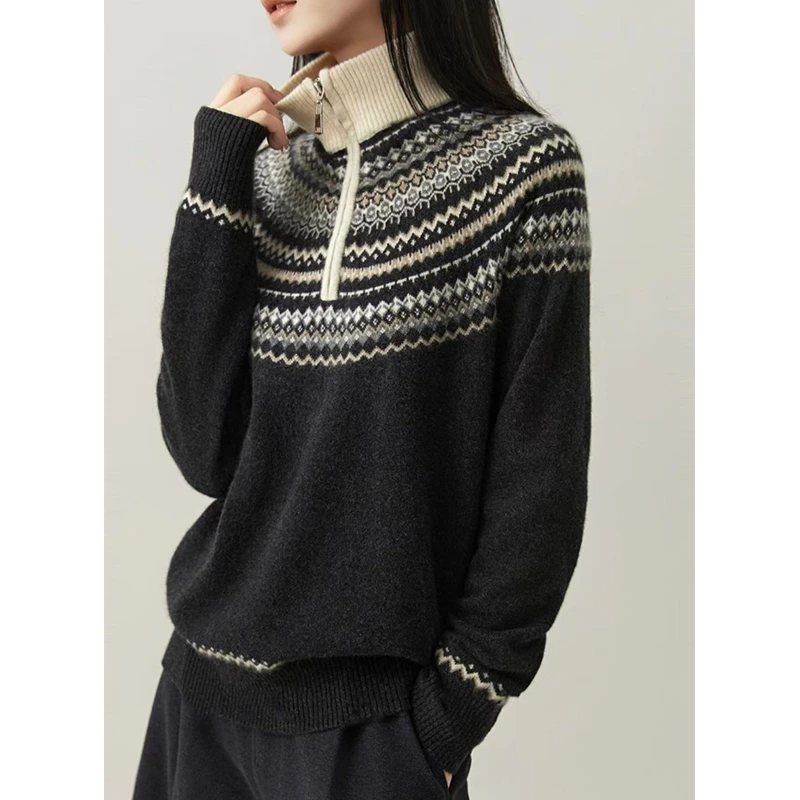 羊毛衫女费尔岛时尚百搭宽松上衣长袖复古打底衫提花撞色针织毛衣