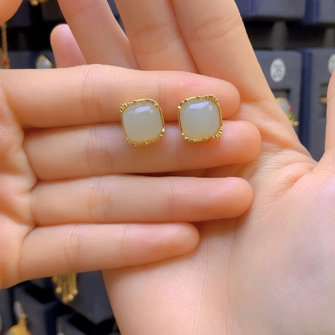 和田玉耳饰银S925镀金镶嵌