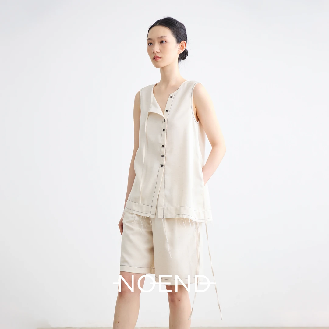 NOEND25SS 不规则斜裁下摆撞色线复古慵懒风无袖飘带衬衫上衣