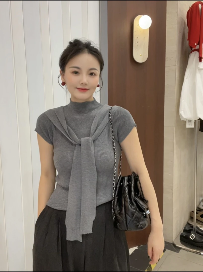 薄款短袖修身型长裤套装毛针织衫毛衣修身显瘦长裤套装