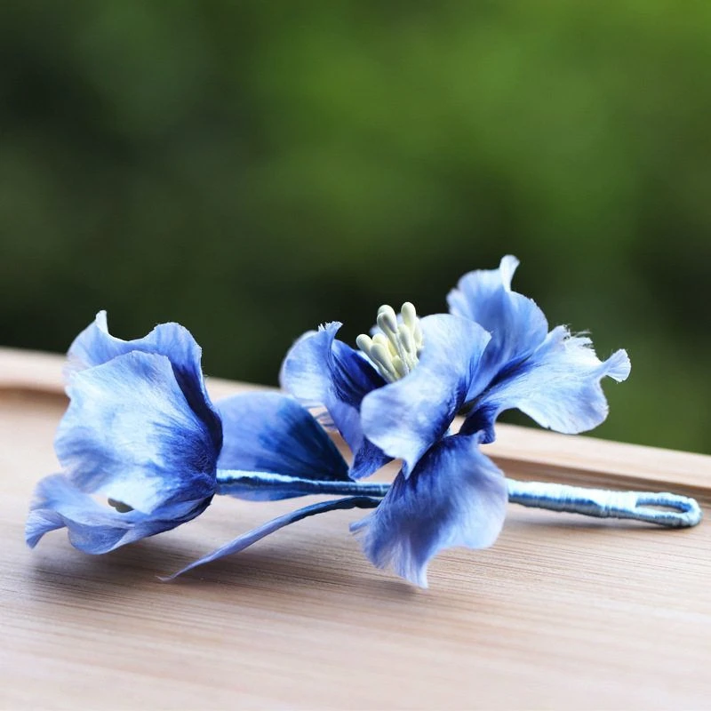 铜合金项链 【蓝鸢尾】手工非遗蚕丝绒花软簪蓝色鸢尾花配饰国风新