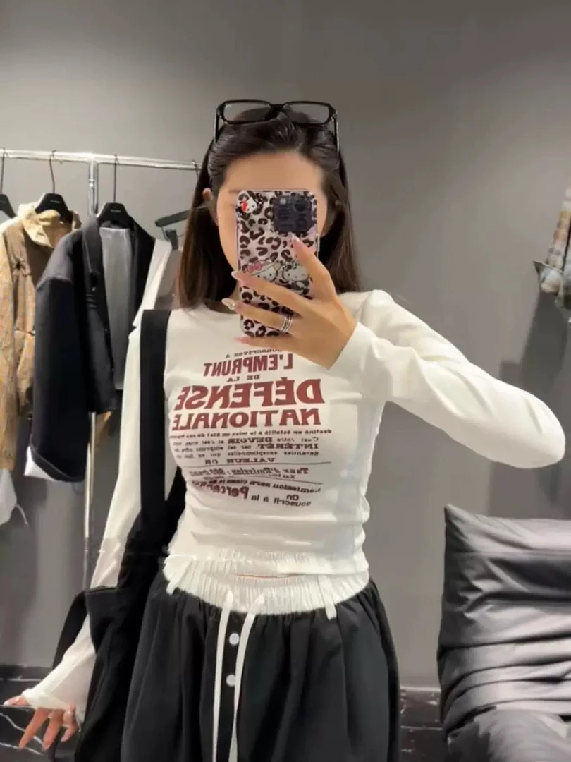 美美推荐 5298陌图新款字母印花修身长袖t恤女圆领