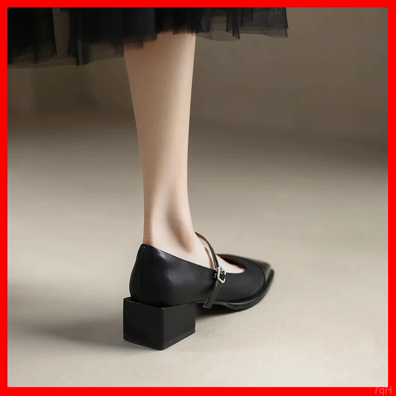 复古法式玛丽珍鞋女2025新款春夏季真皮单鞋方头黑色气质高跟鞋女
