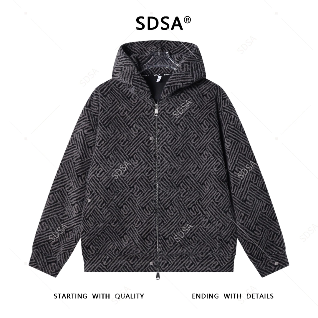 SDSA男士秋冬新款痞帅男装韩版线条绒毛拉链连帽卫衣宽松百搭外套