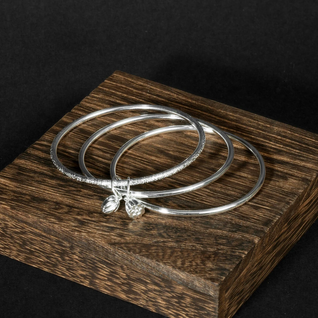 足银银制品  【G20】足银银制品  古法两世欢莲蓬三圈口足银手镯