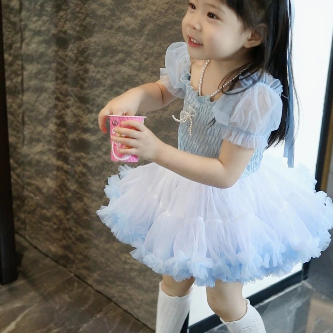 戴维贝啦【断码】女童夏季新款连衣裙蓝色短袖宝宝tutu裙网纱公主裙