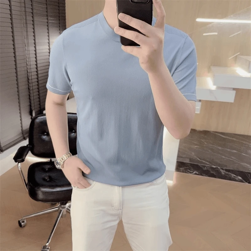 2025欧货轻奢男士针织冰丝短袖T恤纯色简约休闲百搭夏季半袖上衣