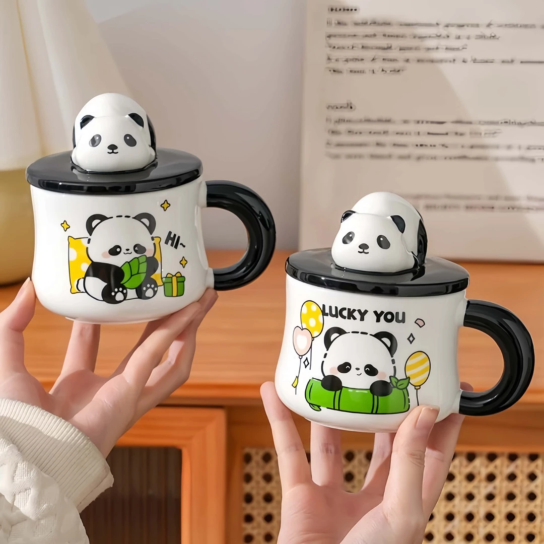 可爱熊猫陶瓷杯子女生高颜值马克杯带盖勺情侣大容量早餐咖啡水杯
