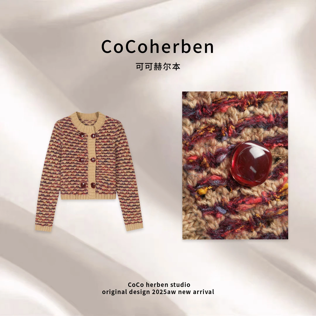 CocoHerben冬季毛针织开衫女装撞色复古针织衫HBT0908