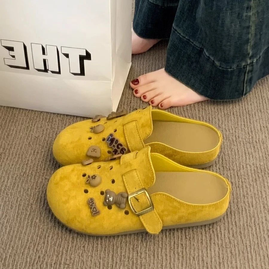 黄色勃肯鞋半拖鞋女夏外穿2025新款爆款透气洞洞单鞋懒人平底凉拖