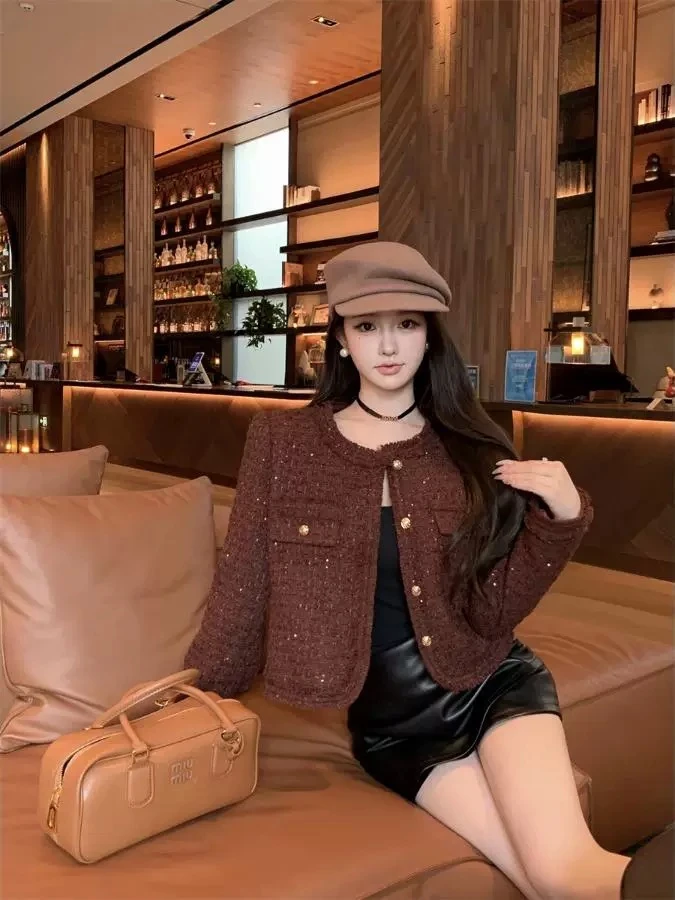 B21巧克少女小香风咖色设计感亮片外套女秋季短款