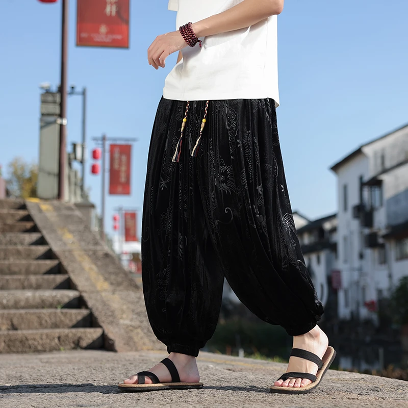 秋冬季金丝绒束脚运动裤男新中式国风龙纹提花宽松垂感灯笼哈伦裤