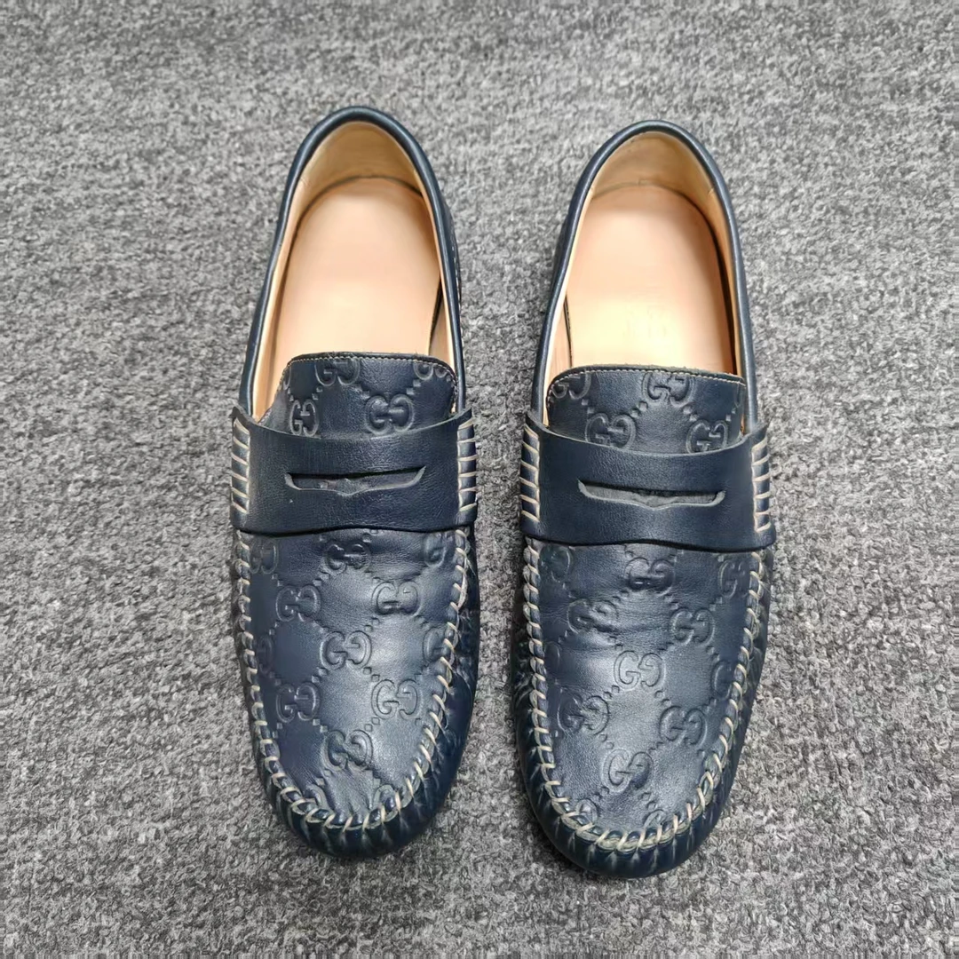 95新 GUCCI/古驰 藏蓝色双G老花满印休闲商务豆豆鞋/40码