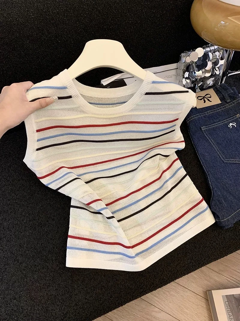 韩系拼色打底针织宽松女2025无袖款小个子夏季t恤别致微透小上衣