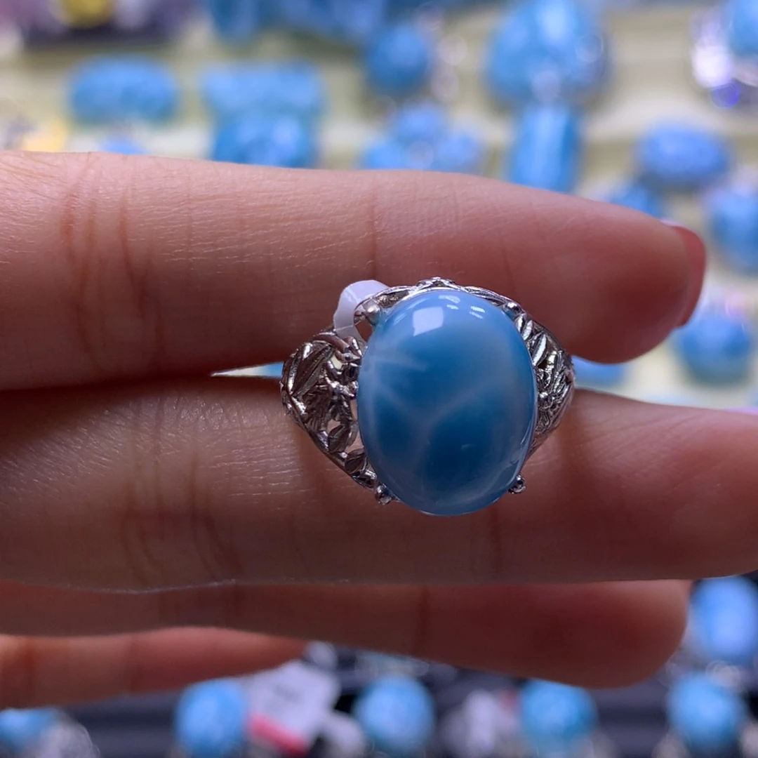 针钠钙石（海纹石）银S925镶嵌戒指蛋面戒指色差略异