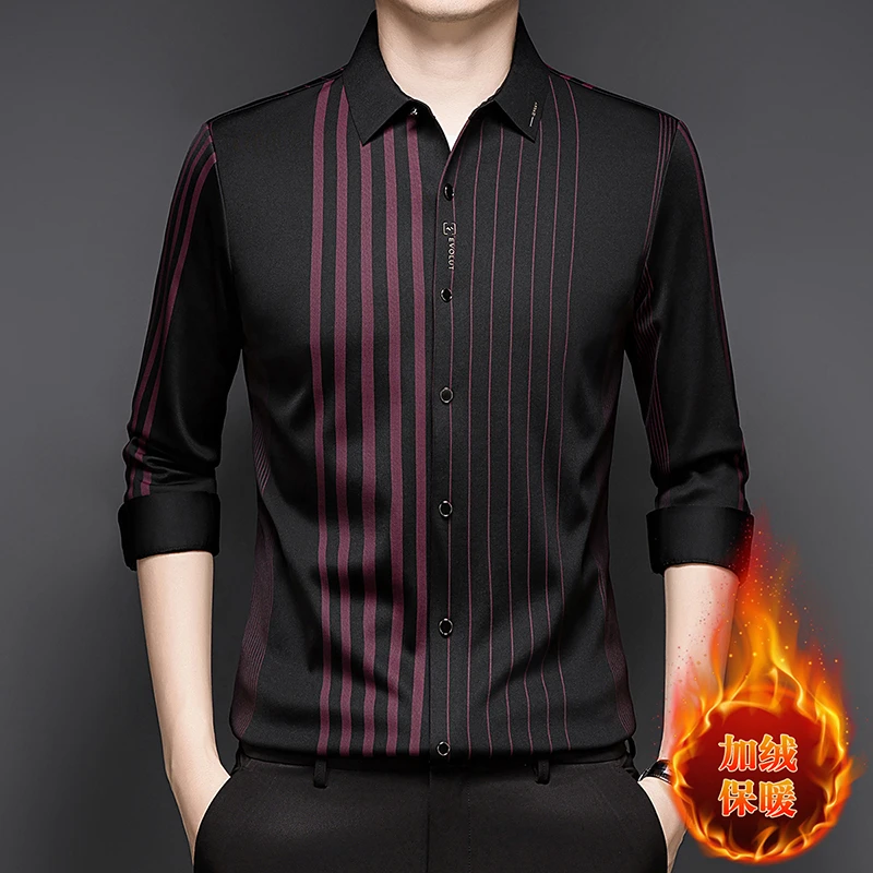 老爷车长袖加绒加厚对襟衬衫保暖不对称高档免烫条纹时尚冬季上装