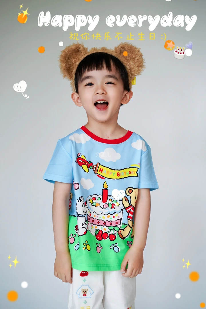 夏季童装可爱宝宝小熊蛋糕上衣满印上衣mikik纯棉男女儿童短袖t恤