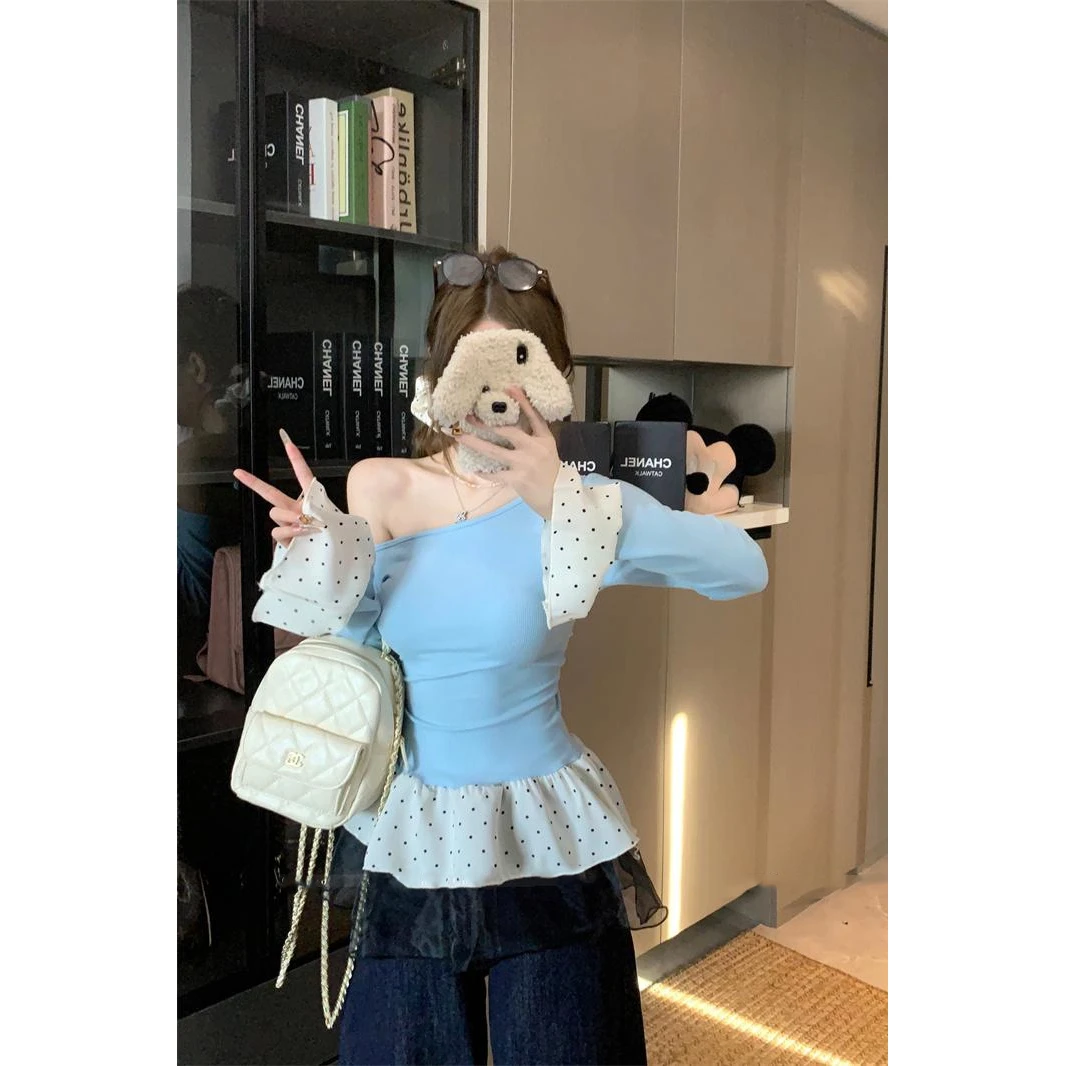 2025春季新款拼接网纱波点斜肩打底衫女长袖辣妹上衣