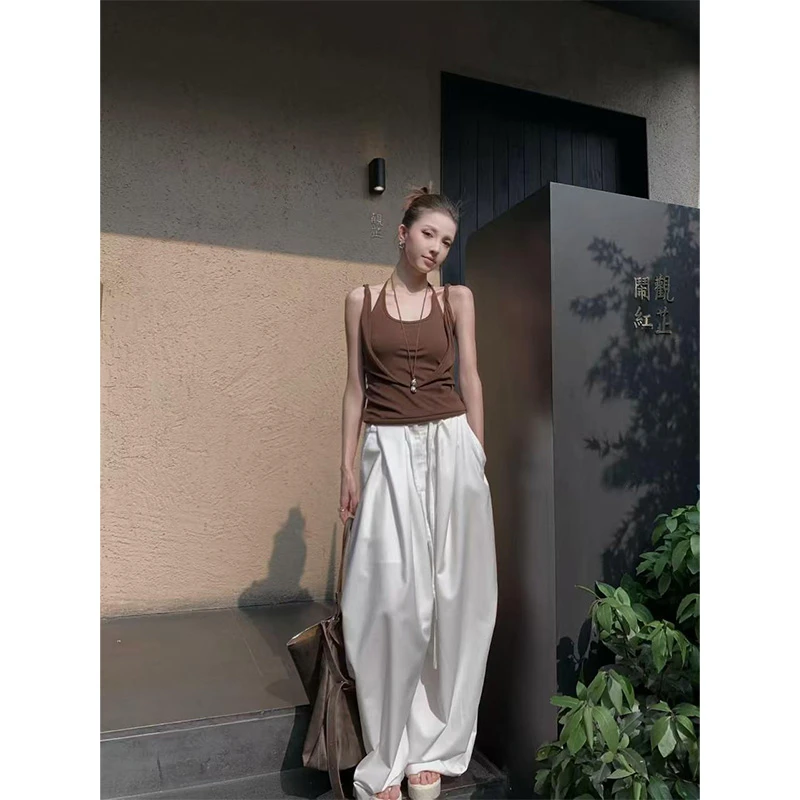 纯欲修身显瘦假两件吊带背心上衣两件套女高腰休闲阔腿裤