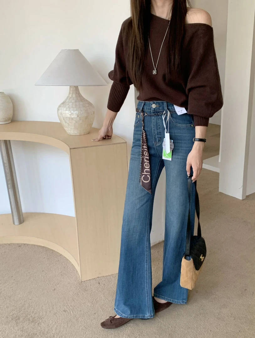 百搭复古微喇牛仔裤2025早秋新款高腰时尚宽松四面弹显瘦拖地裤