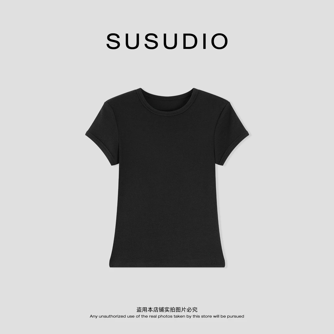 SUSUDIO 绵羊毛 早秋极简显瘦正肩云感软糯短款纯色T恤 A1005