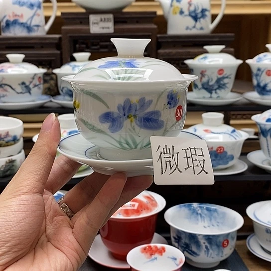 手绘蝴蝶兰三才盖碗160cc釉下彩微瑕福利款