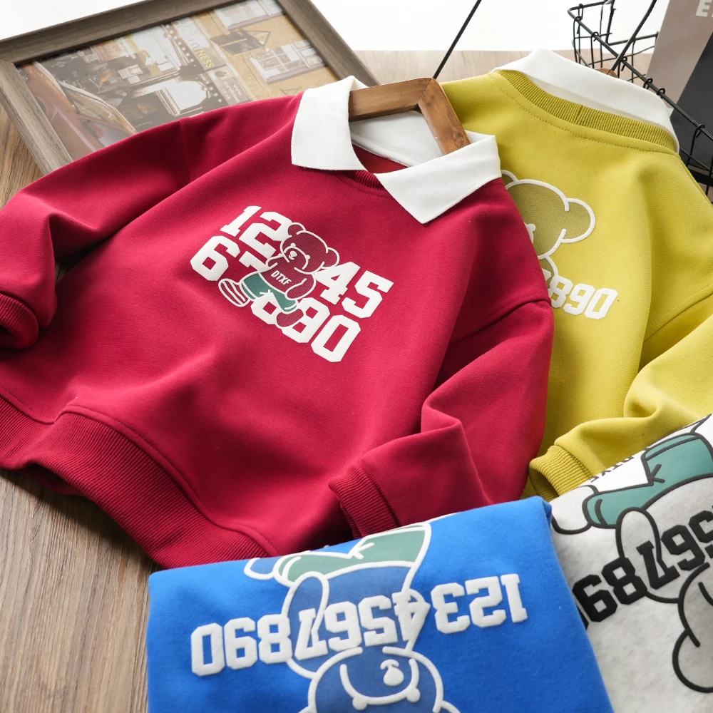 儿童春款卡通小熊发泡翻领卫衣中大童百搭假两件上衣25801