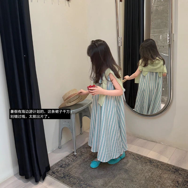 SKE2501女大童韩版田园风吊带裙夏装新款女童休闲条纹长款连衣裙