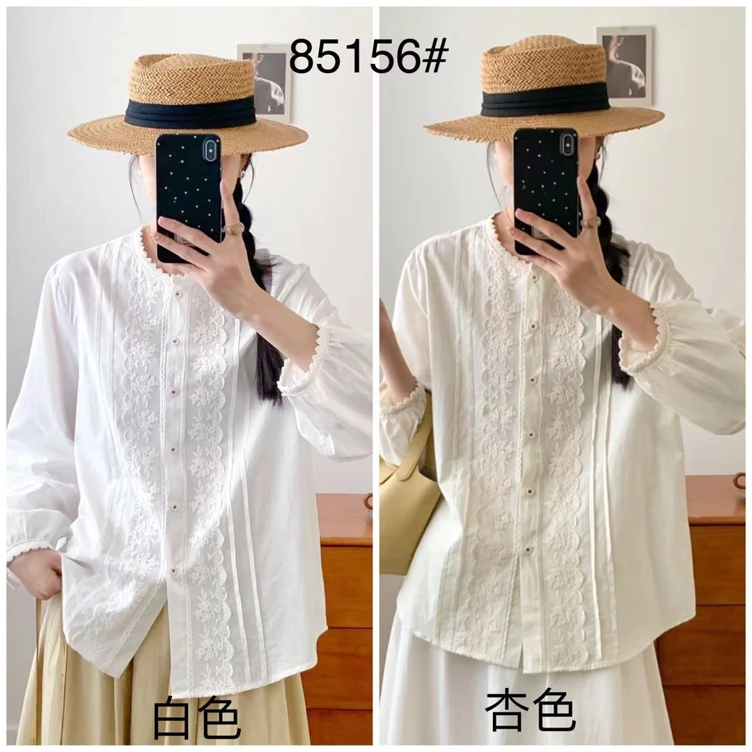 法式气质圆领单排扣白色长袖衬衫女小众设计蕾丝衬衣时尚百搭夏季